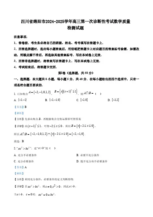 四川省绵阳市2024-2025学年高三第一次诊断性考试数学质量检测试题(含解析)