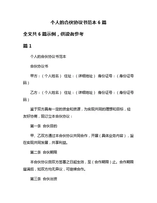 个人的合伙协议书范本6篇