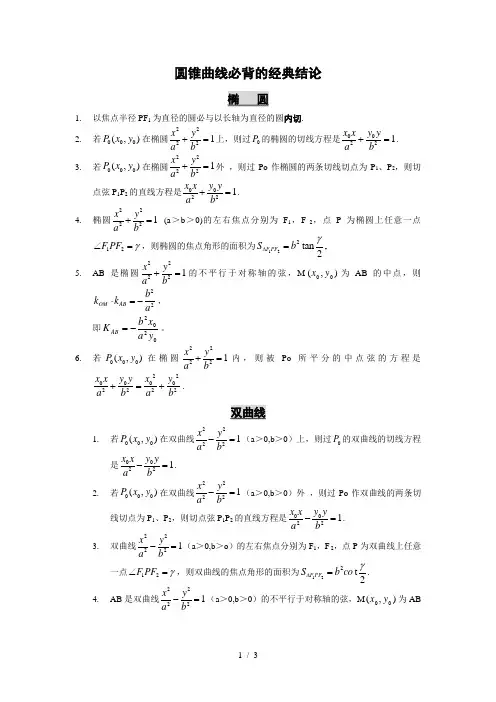 (整理总结)圆锥曲线经典结论总