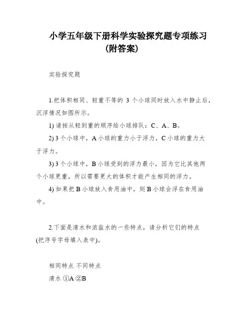 小学五年级下册科学实验探究题专项练习(附答案)