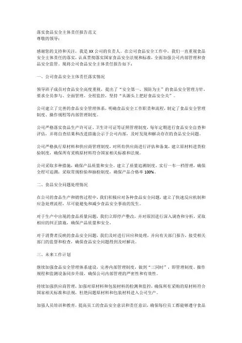 落实食品安全主体责任报告范文