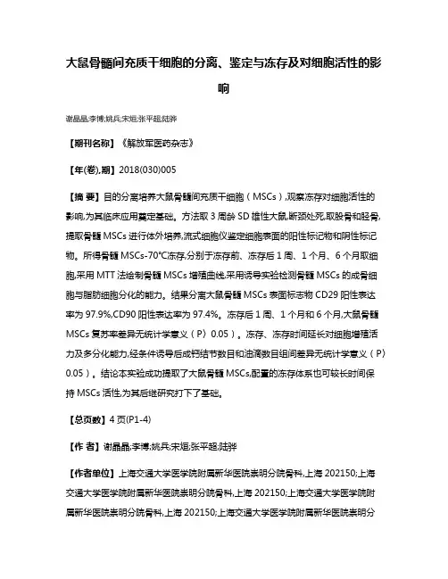 大鼠骨髓间充质干细胞的分离、鉴定与冻存及对细胞活性的影响