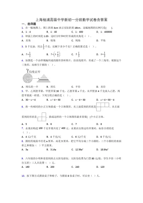 上海杨浦高级中学新初一分班数学试卷含答案