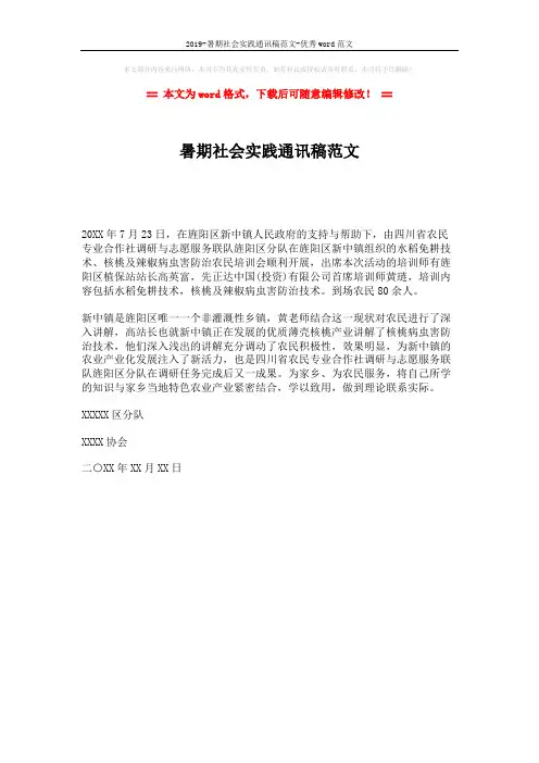 2019-暑期社会实践通讯稿范文-优秀word范文 (1页)