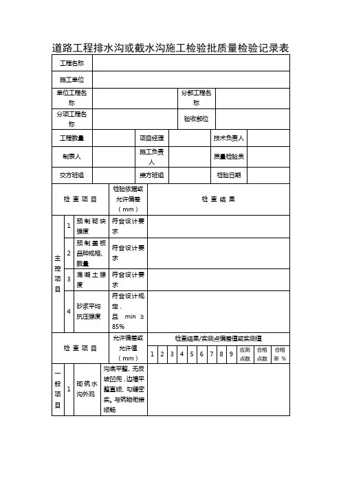 道路工程排水沟或截水沟施工检验批质量检验记录表