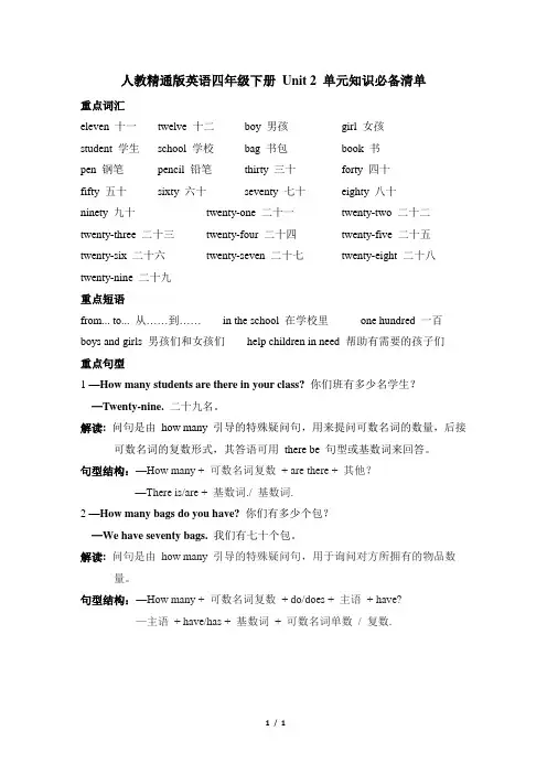 人教精通版英语四年级下册 Unit 2 单元知识必备清单