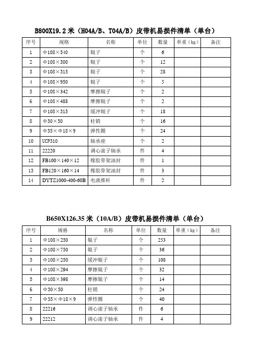 皮带易损件清单