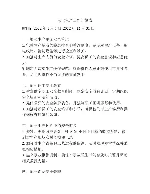 安全生产工作计划表