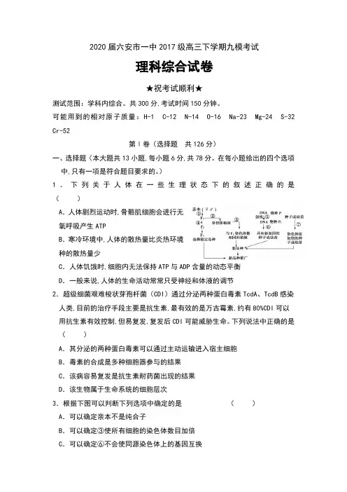 2020届安徽省六安市一中2017级高三下学期九模考试理科综合试卷及答案