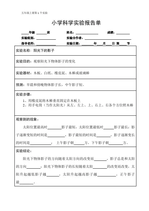 新编教科版小学五年级科学上册科学实验报告单
