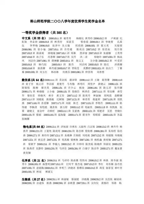 韩山师范学院二〇〇八学年度优秀学生奖学金名单