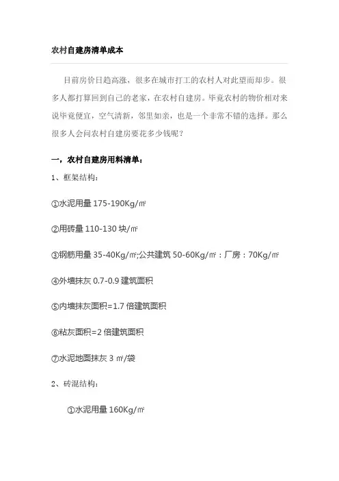 农村自建房清单成本