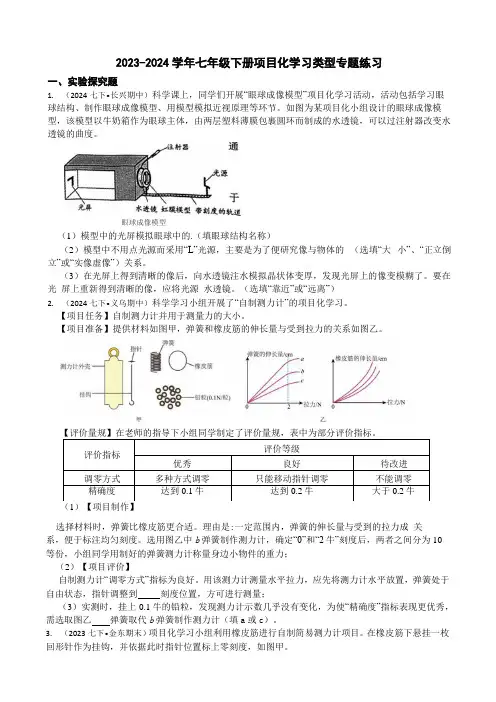 2023-2024学年七年级科学下册项目化学习实验专题练习(含解析)
