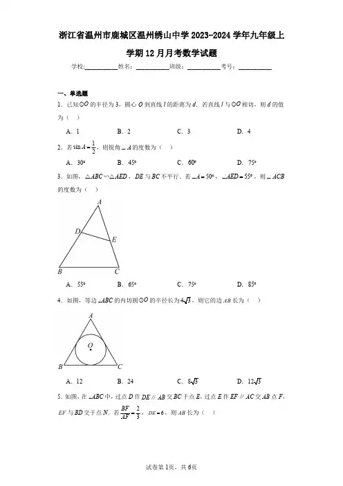 浙江省温州市鹿城区温州绣山中学2023-2024学年九年级上学期12月月考数学试题