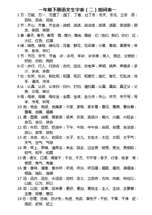 人教版一年级下册语文生字表(二四会字)组词及生字表一(两会字)