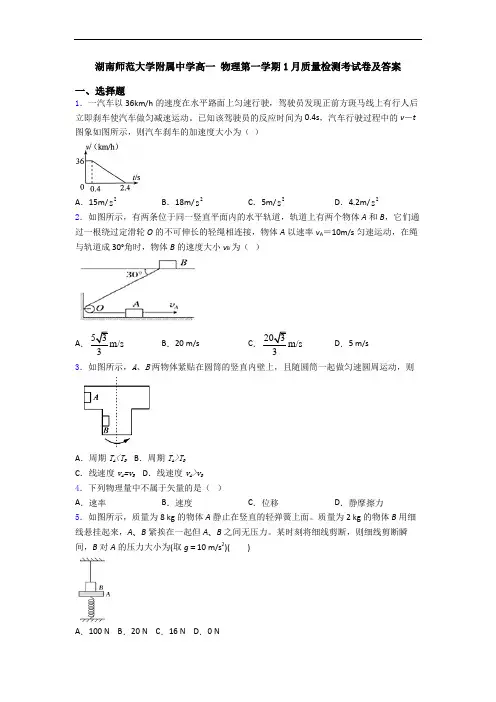 湖南师范大学附属中学高一 物理第一学期1月质量检测考试卷及答案