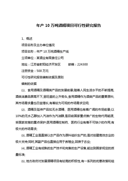 年产万吨酒精项目可行性研究报告
