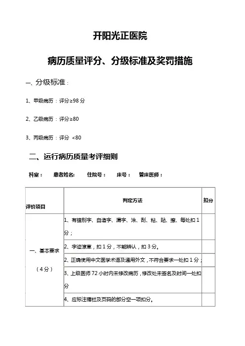 病历质量评分分级标准
