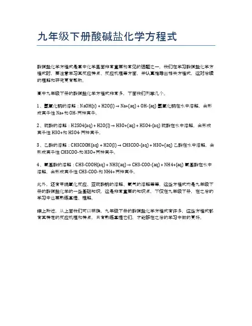 九年级下册酸碱盐化学方程式