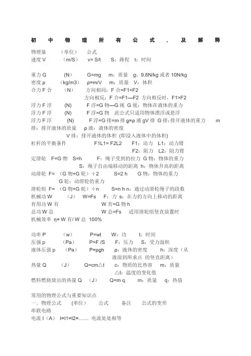 八年级下册物理所有公式
