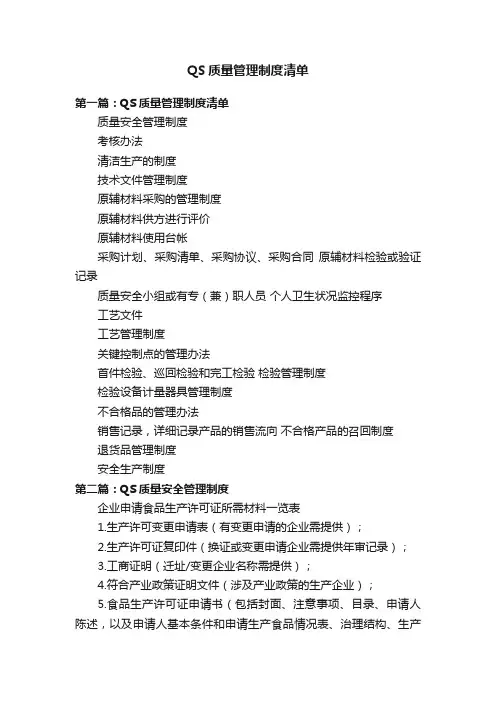 QS质量管理制度清单