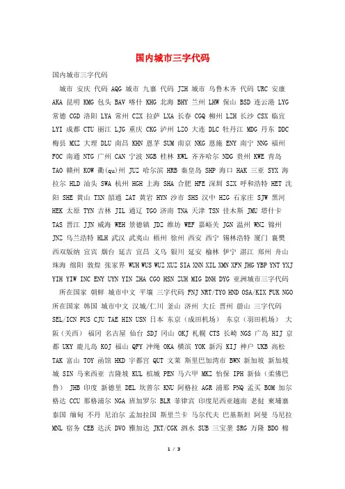 国内城市三字代码