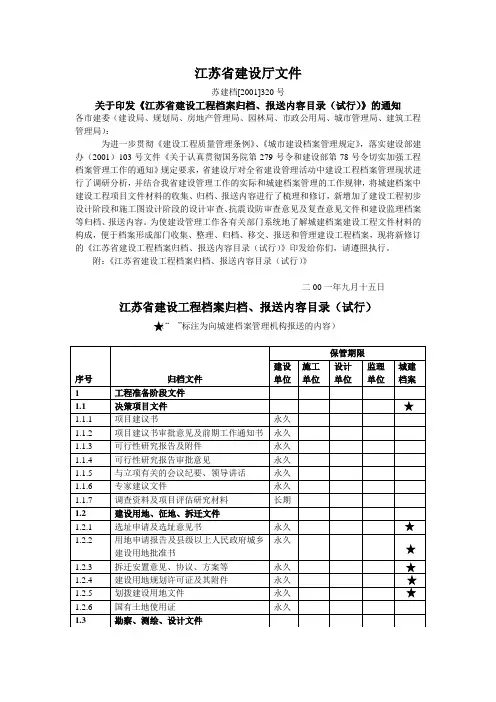 江苏省建设工程档案归档、报送目录(试行)