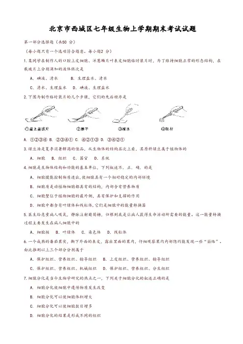 2019-2020年北京市西城区七年级生物上学期期末考试试题新人教版-推荐