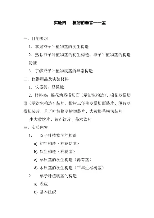 药用植物学实验四   植物的器官——茎