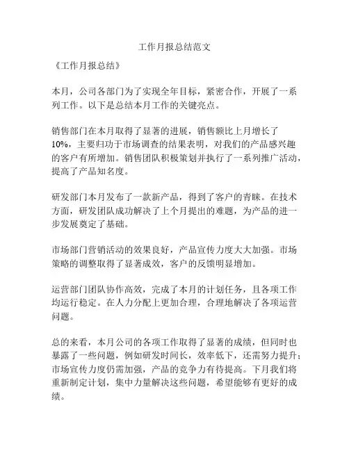工作月报总结范文