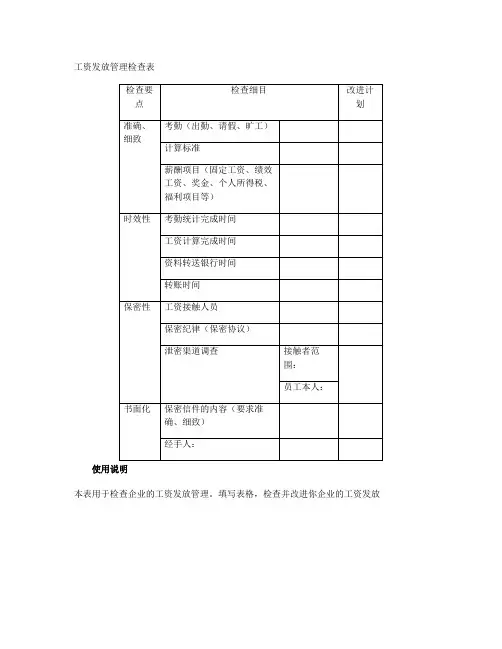 整理工资发放表格式范本_工资发放管理检查表