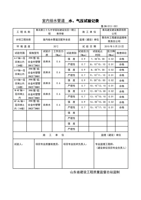 室内给给水管道水、气压试验