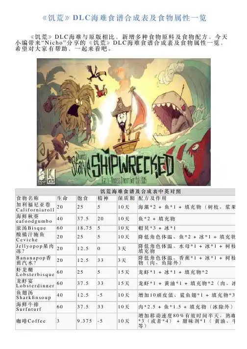 《饥荒》DLC海难食谱合成表及食物属性一览