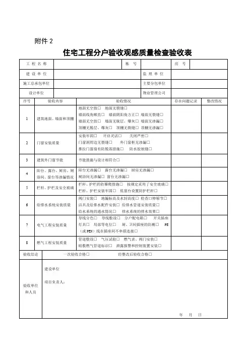 住宅工程分户验收观感质量检查验收表