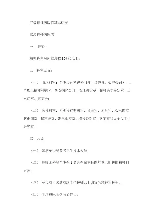 三级精神病专科医院设置标准