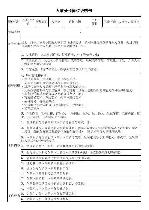 人事处处长岗位说明书