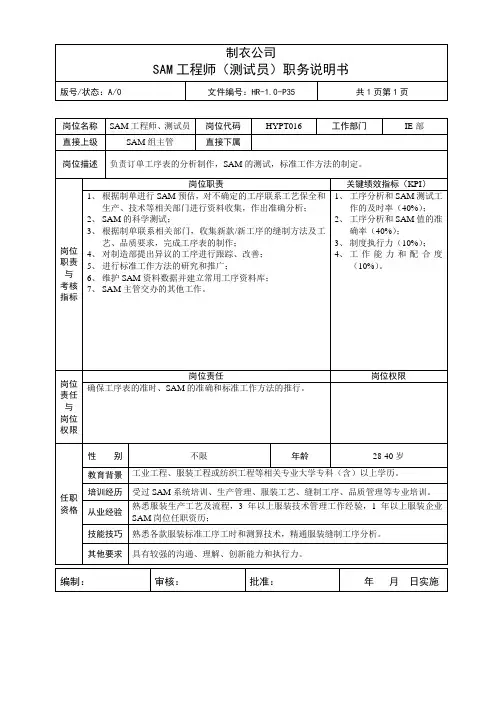 服装行业制衣公司SAM工程师(测试员)职务说明书