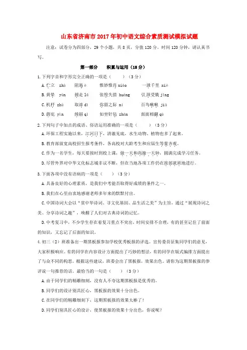 山东省济南市2017年初中语文综合素质测试模拟试题(含答案)