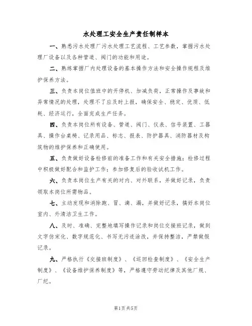 水处理工安全生产责任制样本（2篇）