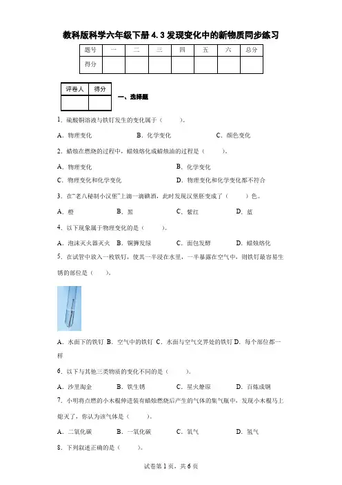 教科版科学六年级下册4.3发现变化中的新物质同步练习