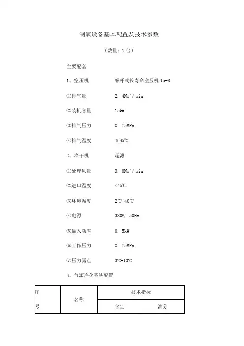 制氧设备基本配置及技术参数
