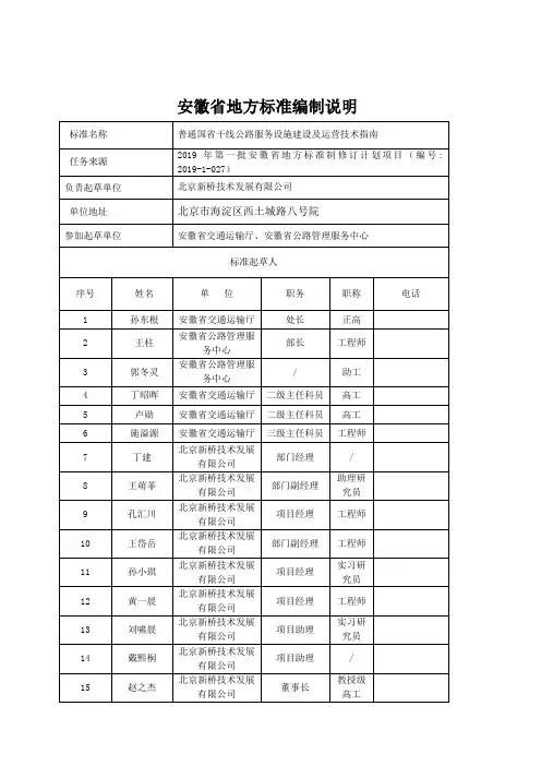 安徽地方标准编制说明