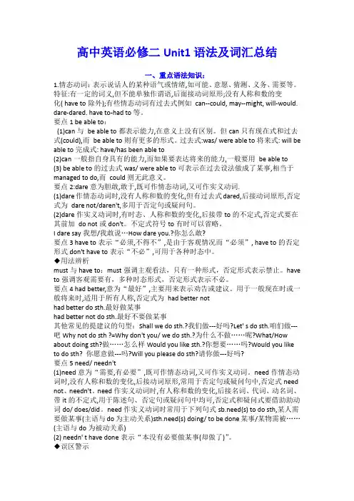 高中英语必修二Unit1语法及词汇总结