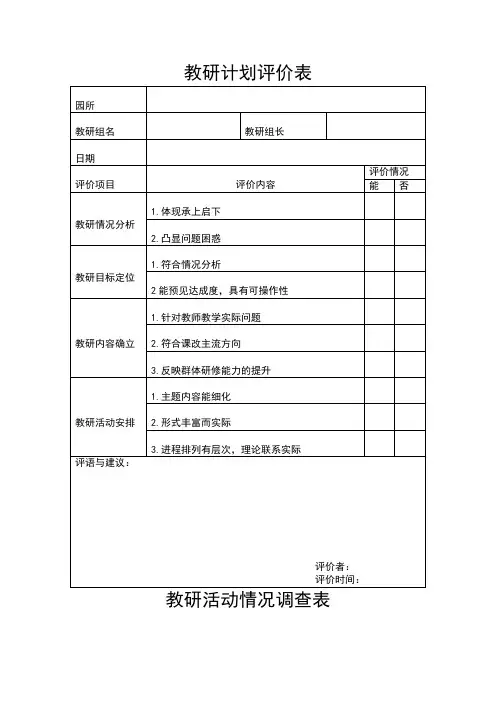 幼儿园教学教研表格：教研计划评价表