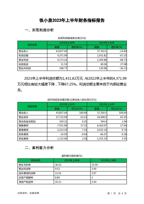 301055张小泉2023年上半年财务指标报告