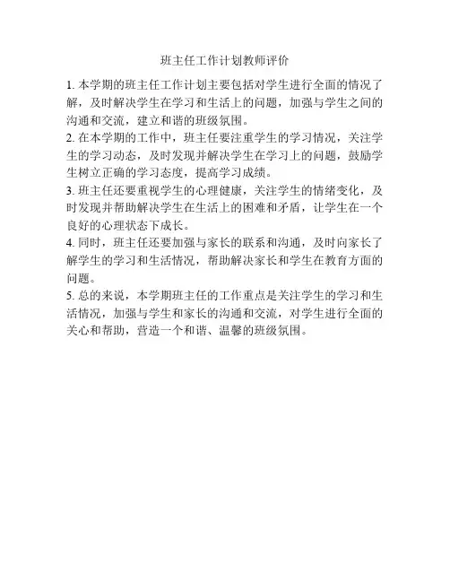 班主任工作计划教师评价