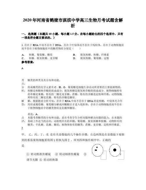 2020年河南省鹤壁市淇滨中学高三生物月考试题含解析