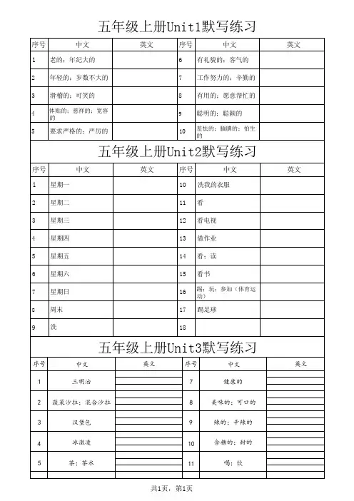 词汇默写练习(知识清单)人教PEP版英语五年级上册