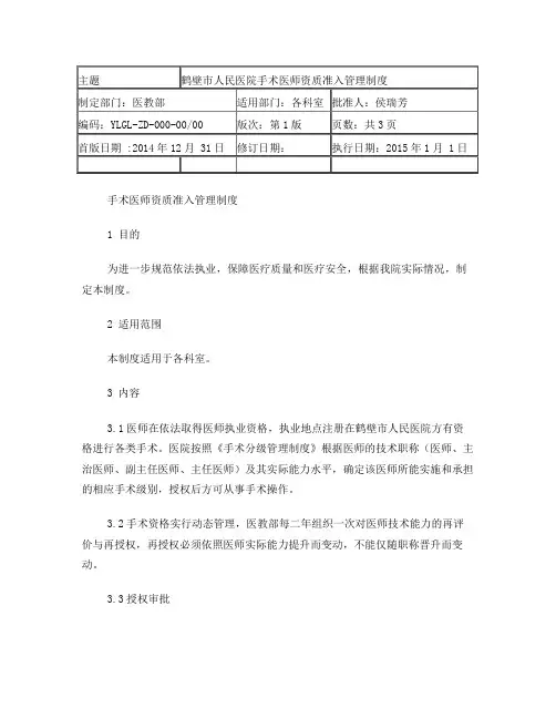 手术医师资质准入管理制度