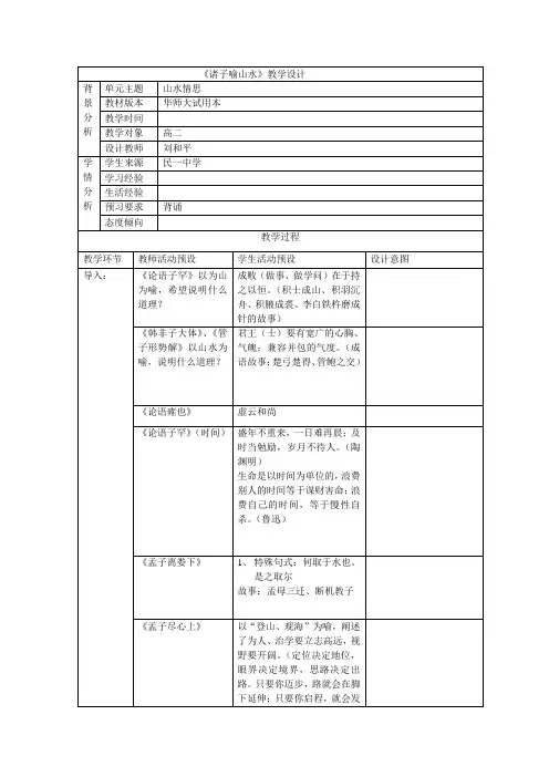 14高二第一册课堂教学设计简表《诸子喻山水》